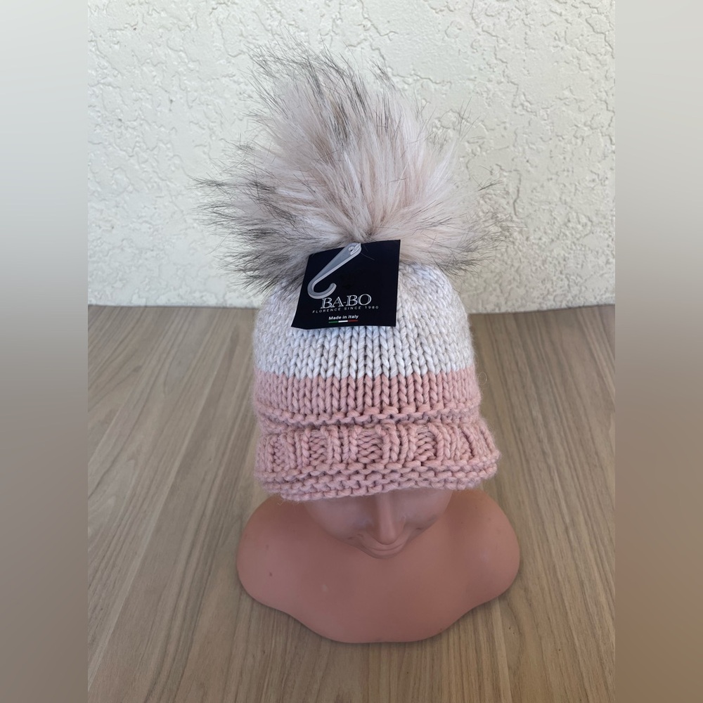 Two-Tone Pink & Cream Knit Pom Beanie